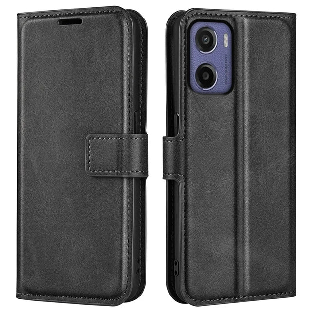 For Motorola Moto E15 4G Stand Case Anti-Scratch Calf Texture Leather Phone Cover - Black