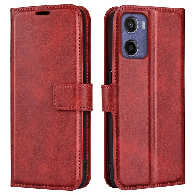 For Motorola Moto E15 4G Stand Case Anti-Scratch Calf Texture Leather Phone Cover - Red