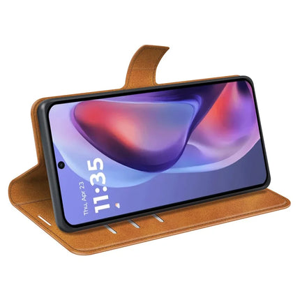 For Motorola Moto E15 4G Stand Case Anti-Scratch Calf Texture Leather Phone Cover