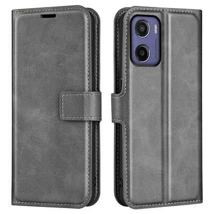 For Motorola Moto E15 4G Stand Case Anti-Scratch Calf Texture Leather Phone Cover - Grey