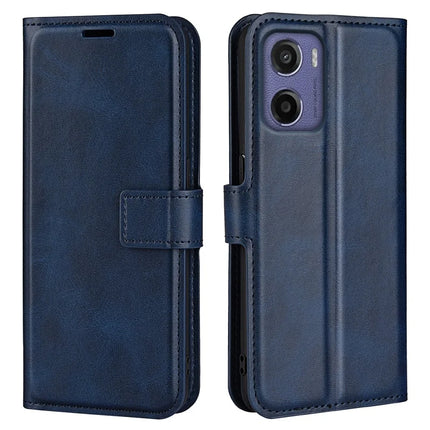 For Motorola Moto E15 4G Stand Case Anti-Scratch Calf Texture Leather Phone Cover - Blue