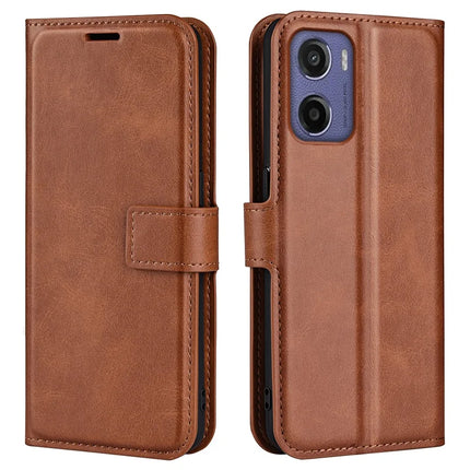 For Motorola Moto E15 4G Stand Case Anti-Scratch Calf Texture Leather Phone Cover - Light Brown