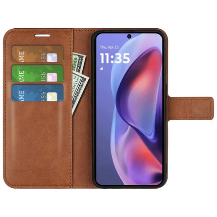 For Motorola Moto E15 4G Stand Case Anti-Scratch Calf Texture Leather Phone Cover