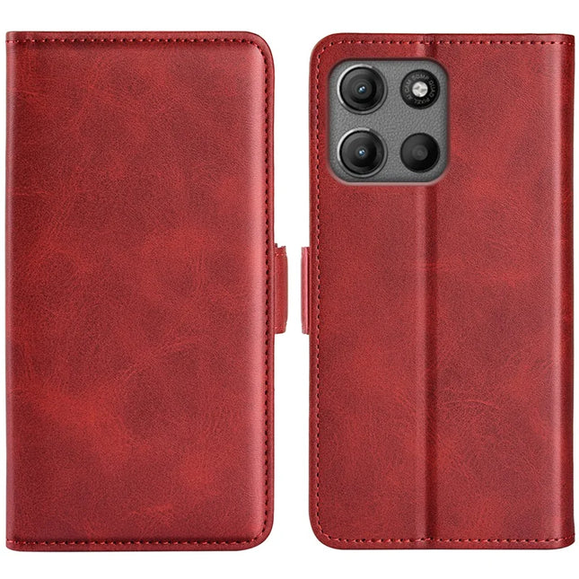 For Motorola Moto G15 4G Stand Case Calf Texture Leather Wallet Phone Cover - Red