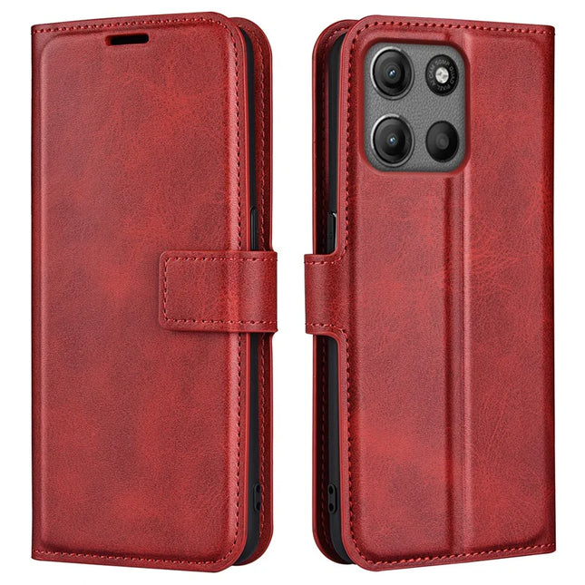 For Motorola Moto G15 4G Stand Case Anti-Scratch Calf Texture Leather Phone Cover - Red