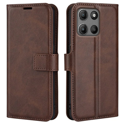 For Motorola Moto G15 4G Stand Case Anti-Scratch Calf Texture Leather Phone Cover - Brown
