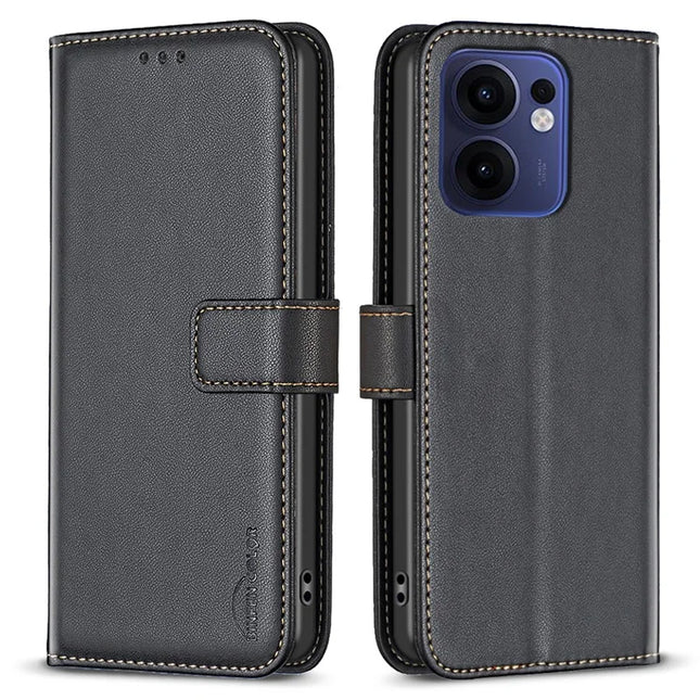 BINFEN COLOR BF17 For Oppo Reno13 F 5G Case Wallet Folio Flip Leather Cover - Black