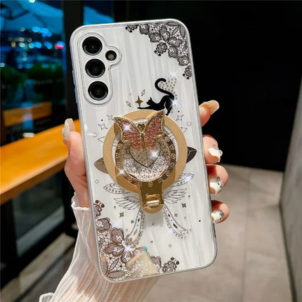 For Samsung Galaxy A54 5G Magnetic Case Rhinestones Decor Kickstand Cat Pattern TPU+PC Phone Cover - White