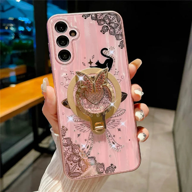 For Samsung Galaxy A54 5G Magnetic Case Rhinestones Decor Kickstand Cat Pattern TPU+PC Phone Cover - Pink