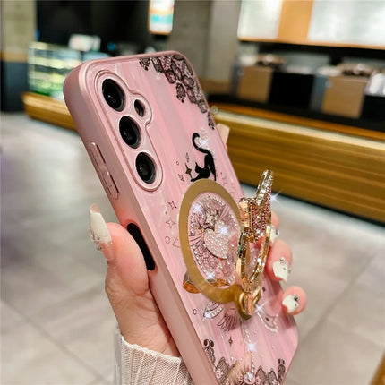 For Samsung Galaxy A54 5G Magnetic Case Rhinestones Decor Kickstand Cat Pattern TPU+PC Phone Cover