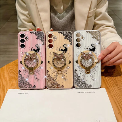 For Samsung Galaxy A54 5G Magnetic Case Rhinestones Decor Kickstand Cat Pattern TPU+PC Phone Cover