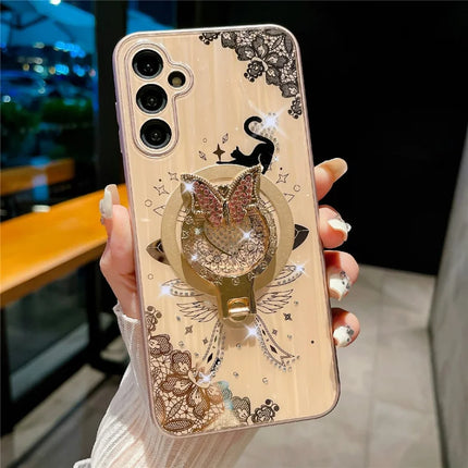 For Samsung Galaxy A54 5G Magnetic Case Rhinestones Decor Kickstand Cat Pattern TPU+PC Phone Cover - Gold