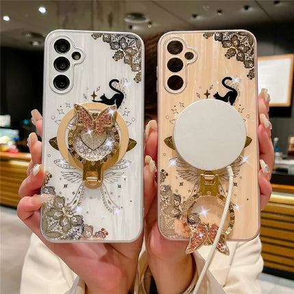 For Samsung Galaxy A54 5G Magnetic Case Rhinestones Decor Kickstand Cat Pattern TPU+PC Phone Cover