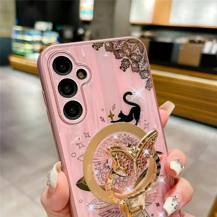 For Samsung Galaxy A54 5G Magnetic Case Rhinestones Decor Kickstand Cat Pattern TPU+PC Phone Cover