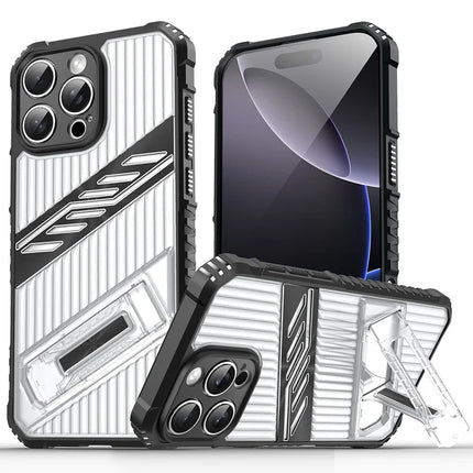 For iPhone 16 Pro Max Case Folding Kickstand PC + TPU Anti Drop Phone Cover - Transparent Black