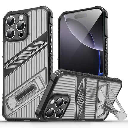 For iPhone 16 Pro Max Case Folding Kickstand PC + TPU Anti Drop Phone Cover - Black  /  Grey