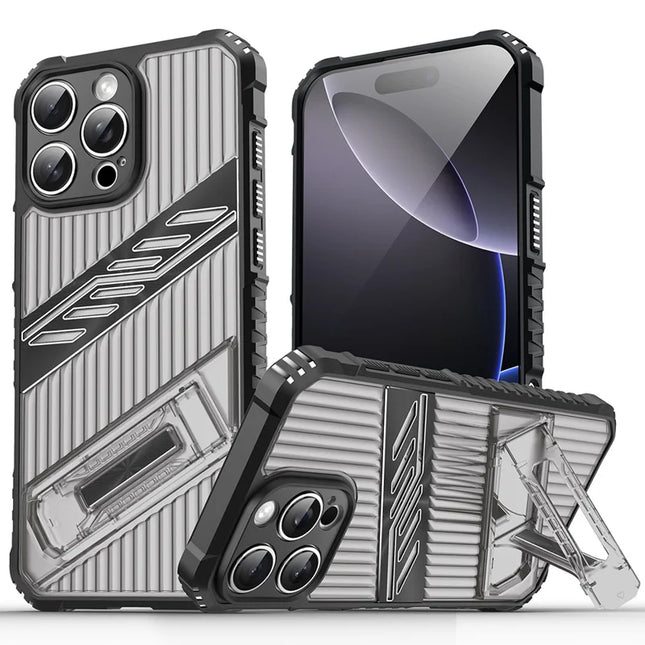 For iPhone 16 Pro Max Case Folding Kickstand PC + TPU Anti Drop Phone Cover - Black  /  Grey