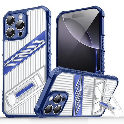 For iPhone 16 Pro Max Case Folding Kickstand PC + TPU Anti Drop Phone Cover - Navy Blue