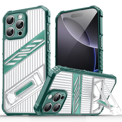 For iPhone 16 Pro Max Case Folding Kickstand PC + TPU Anti Drop Phone Cover - Dark Green