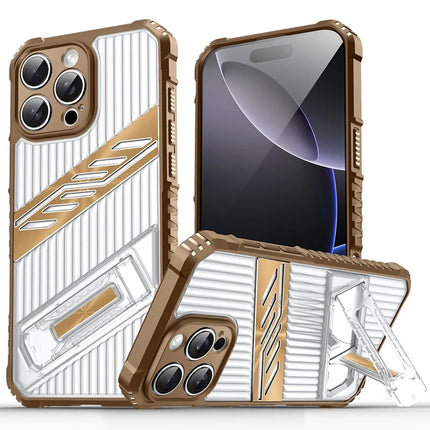 For iPhone 16 Pro Max Case Folding Kickstand PC + TPU Anti Drop Phone Cover - Desert Gold