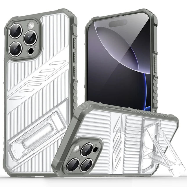 For iPhone 16 Pro Case Invisible Kickstand PC + TPU Anti Drop Phone Cover - Grey