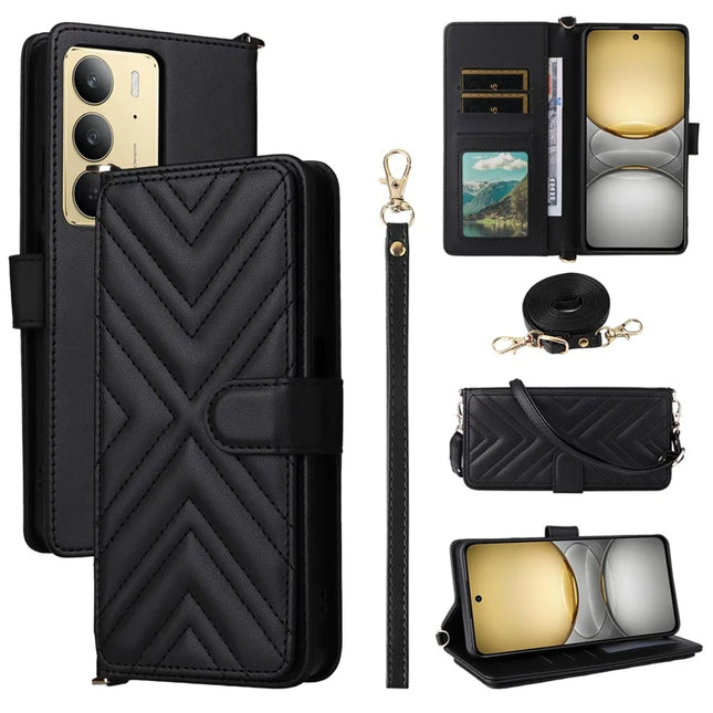 Wallet Phone Case for Realme 14x 5G / V60 Pro / C75 Leather Phone Cover with Shoulder Strap - Black