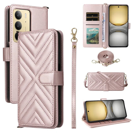 Wallet Phone Case for Realme 14x 5G / V60 Pro / C75 Leather Phone Cover with Shoulder Strap - Pink