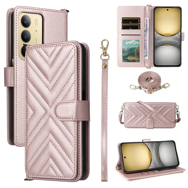 Wallet Phone Case for Realme 14x 5G / V60 Pro / C75 Leather Phone Cover with Shoulder Strap - Pink