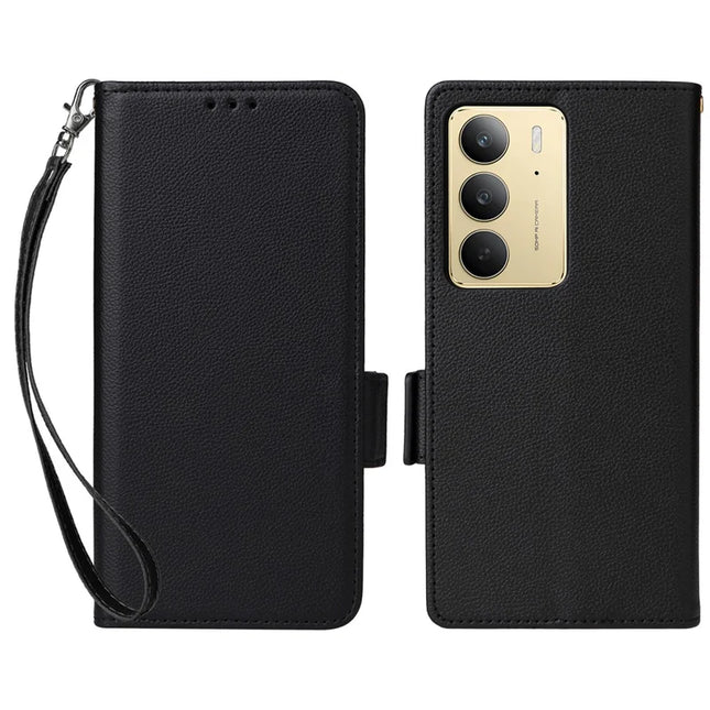 Leather Case for Realme 14x 5G / V60 Pro / C75 Litchi Texture Wallet Flip Phone Cover - Black