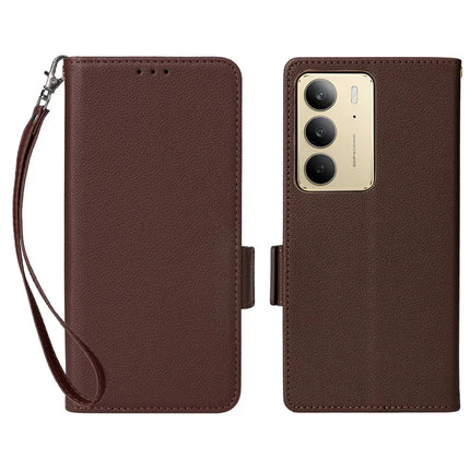 Leather Case for Realme 14x 5G / V60 Pro / C75 Litchi Texture Wallet Flip Phone Cover - Brown