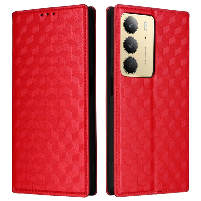 Leather Case For Realme 14x 5G  /  C75  /  V60 Pro Rhombus Imprinted Wallet Phone Cover - Red