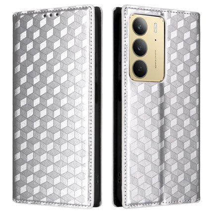 Leather Case For Realme 14x 5G  /  C75  /  V60 Pro Rhombus Imprinted Wallet Phone Cover - Silver