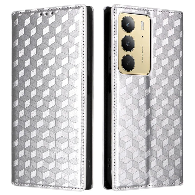 Leather Case For Realme 14x 5G  /  C75  /  V60 Pro Rhombus Imprinted Wallet Phone Cover - Silver