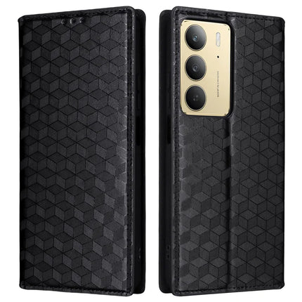 Leather Case For Realme 14x 5G  /  C75  /  V60 Pro Rhombus Imprinted Wallet Phone Cover - Black