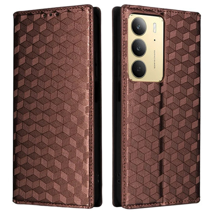 Leather Case For Realme 14x 5G  /  C75  /  V60 Pro Rhombus Imprinted Wallet Phone Cover - Brown
