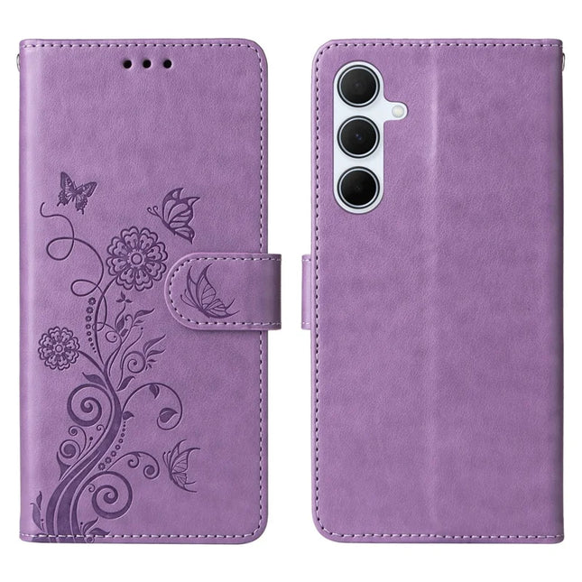 For Samsung Galaxy A56 5G Leather Case Butterfly Floral Imprint Wallet Stand Cover - Purple