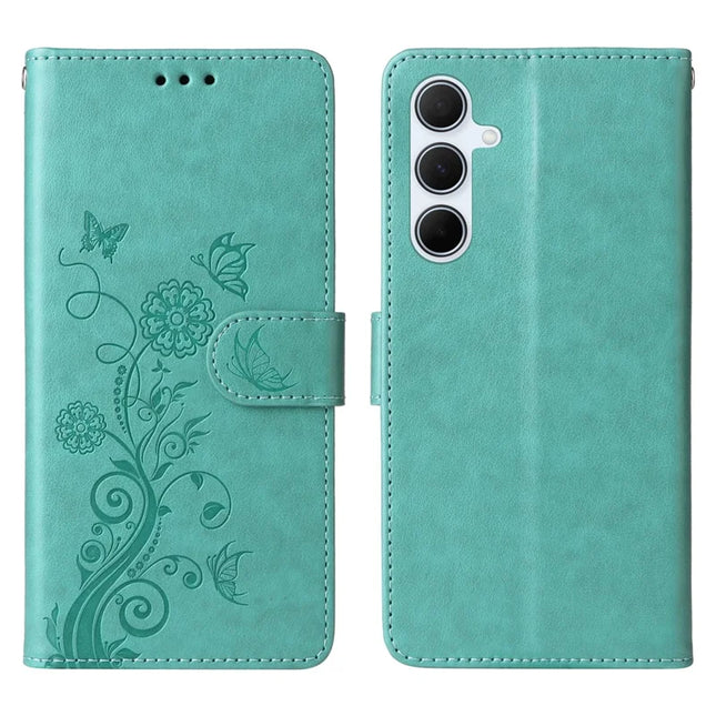 For Samsung Galaxy A56 5G Leather Case Butterfly Floral Imprint Wallet Stand Cover - Green