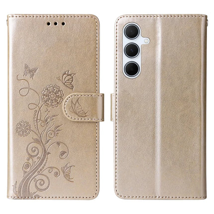 For Samsung Galaxy A56 5G Leather Case Butterfly Floral Imprint Wallet Stand Cover - Gold