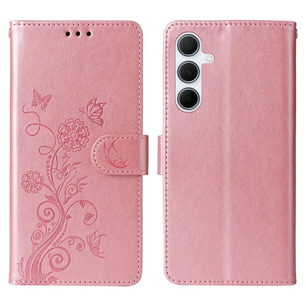 For Samsung Galaxy A56 5G Leather Case Butterfly Floral Imprint Wallet Stand Cover - Pink
