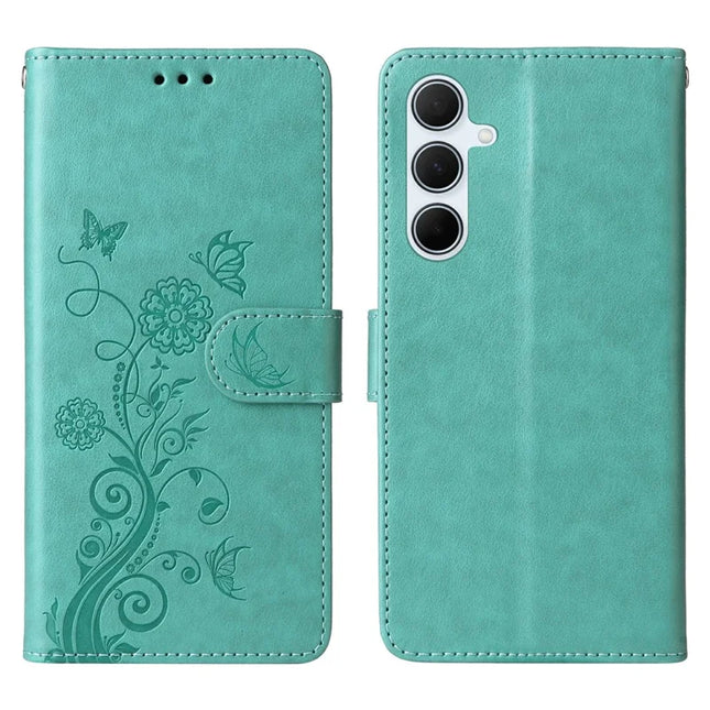 For Samsung Galaxy A36 5G Leather Case Butterfly Floral Imprint Wallet Stand Cover - Green