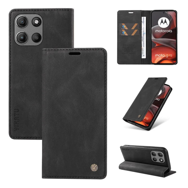For Motorola Moto G15 4G Leather Cover YIKATU YK-004 Skin-Touch Wallet Phone Cases - Black
