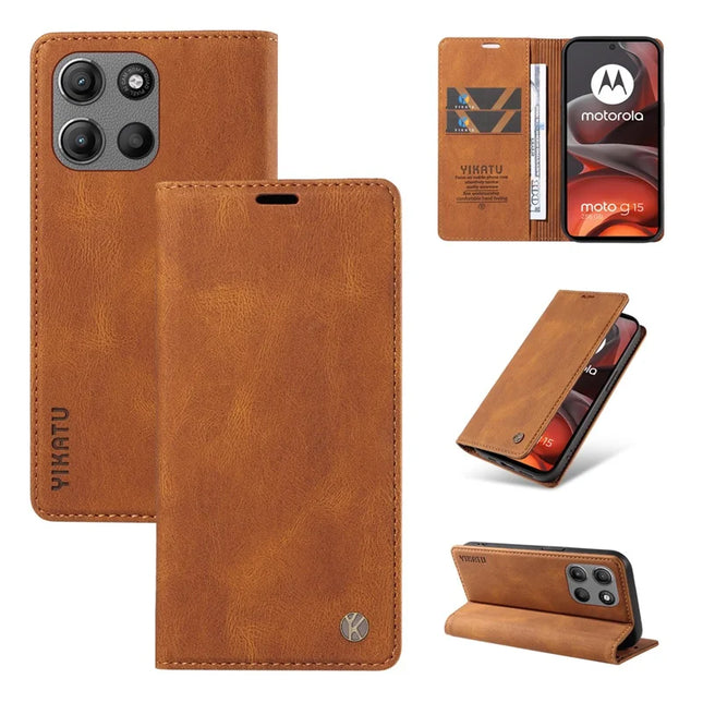 For Motorola Moto G15 4G Leather Cover YIKATU YK-004 Skin-Touch Wallet Phone Cases - Brown