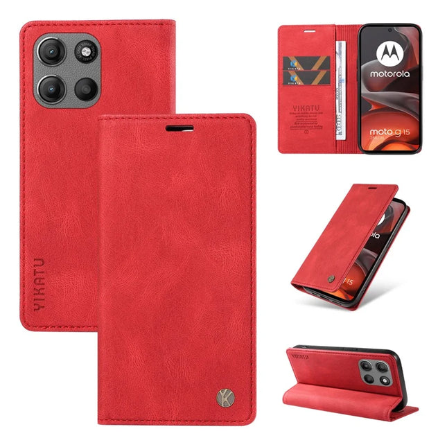 For Motorola Moto G15 4G Leather Cover YIKATU YK-004 Skin-Touch Wallet Phone Cases -  Red