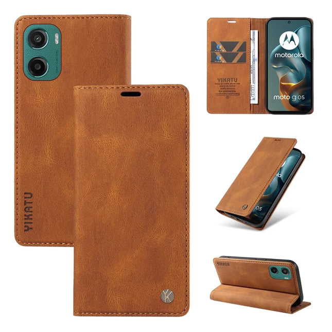 For Motorola Moto G05 4G Leather Cover YIKATU YK-004 Skin-Touch Wallet Phone Cases - Brown