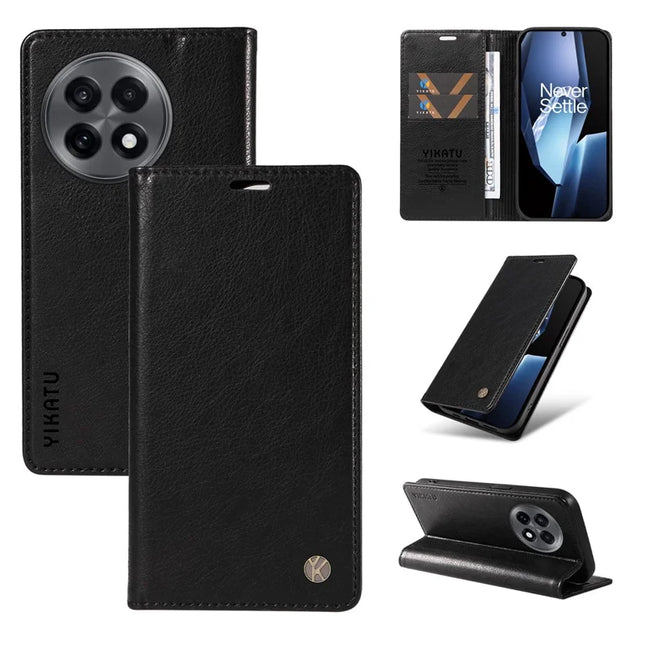 For OnePlus Ace 5G Wallet Case YIKATU YK-006 Magnetic Closure Leather Phone Cover Litchi Texture - Black