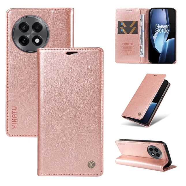 For OnePlus Ace 5G Wallet Case YIKATU YK-006 Magnetic Closure Leather Phone Cover Litchi Texture - Rose Gold