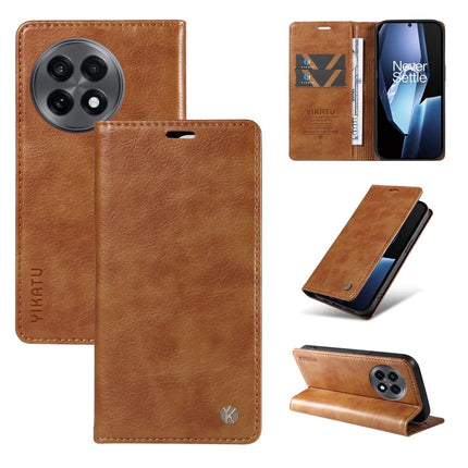 For OnePlus Ace 5G Wallet Case YIKATU YK-006 Magnetic Closure Leather Phone Cover Litchi Texture -  Brown