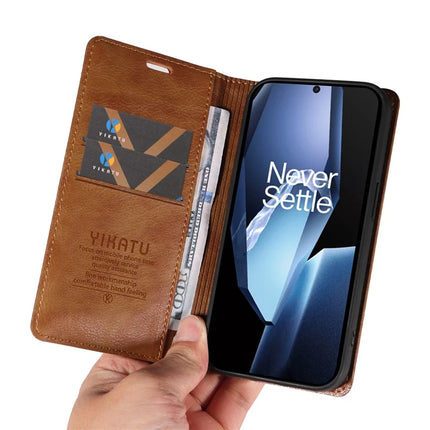 For OnePlus Ace 5G Wallet Case YIKATU YK-006 Magnetic Closure Leather Phone Cover Litchi Texture -  Brown