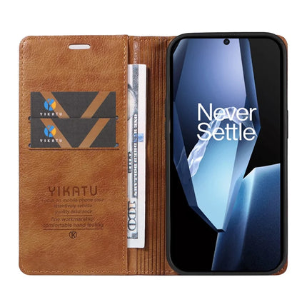 For OnePlus Ace 5G Wallet Case YIKATU YK-006 Magnetic Closure Leather Phone Cover Litchi Texture -  Brown