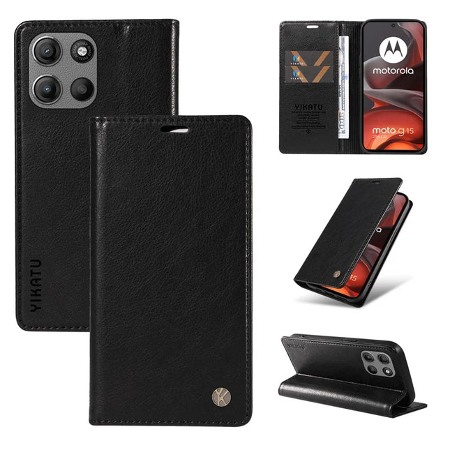 For Motorola Moto G15 4G Wallet Case YIKATU YK-006 Magnetic Closure Leather Phone Cover Litchi Texture - Black